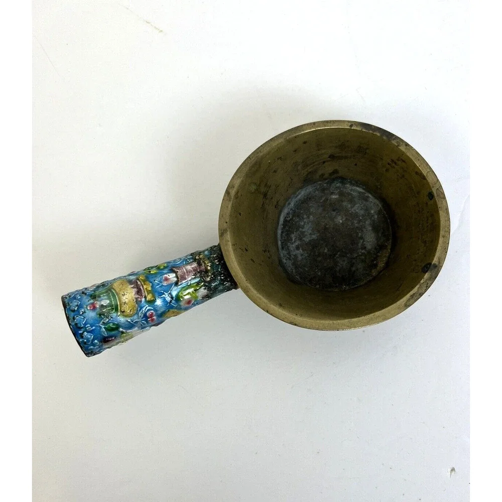 Vintage Chinese Brass & Cloisonne Silk Iron Aged Asian Home Decor Scoop Ethnic